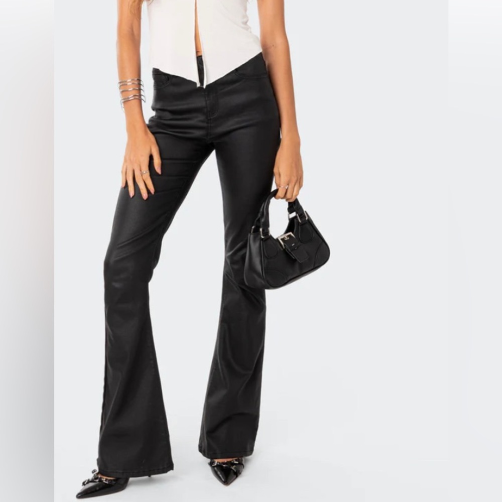 Edited Luna Faux Leather Flare Jeans Medium Black